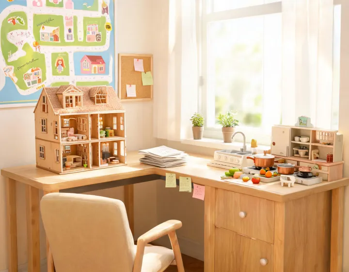 Friendly Kidkraft support desk with playroom map