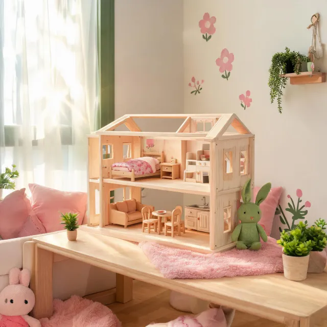 Wooden dollhouse with furnished rooms