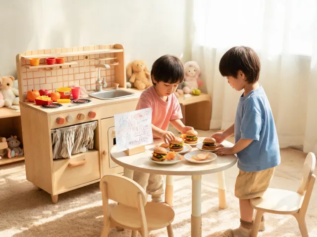 Pretend restaurant play with a wooden kitchen
