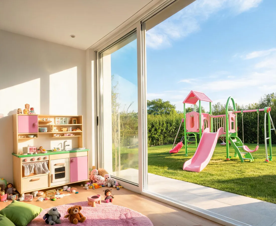 Children playing with a Kidkraft wooden play kitchen and backyard playset
